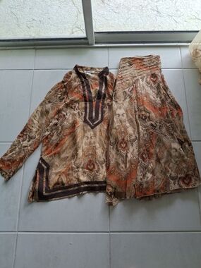 Women’s Bohemian Paisley Skirt and Top Set in Orange and Tan